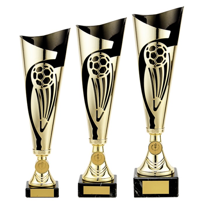 CHAMPIONS CUP BLACK / GOLD LASER CUT FOOTBALL METAL CUPS  - AVAILABLE IN 3 SIZES (32.5CM - 36CM)